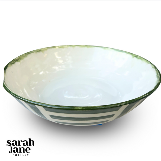 Large Green and White Striped Serving Bowl